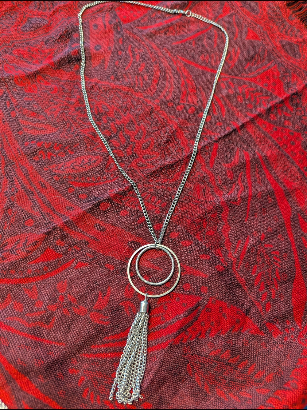 Silver Double-Ring Tassel Necklace